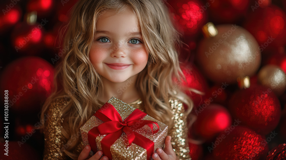 Little smiling blonde girl with curls in a festive shiny dress holds a gift box with a bow in her hands on a red background, Christmas, New Year, holiday, birthday, present, surprise, child, kid, joy Little smiling blonde girl with curls in a festive shiny dress holds a gift box with a bow in her hands on a red background, Christmas, New Year, holiday, birthday, present, surprise, child, kid, joy