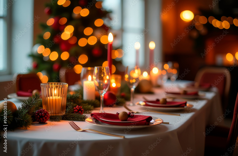 Festive table setting for New Year and Christmas celebrations. Illustration Festive table setting for New Year and Christmas celebrations. Illustration