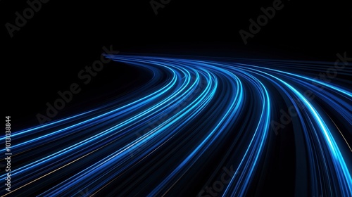 Abstract depiction of fast motion on a nighttime highway, with swirling blue lights and elongated stripes creating a sense of acceleration over a deep black backdrop, capturing the thrill of speed in 