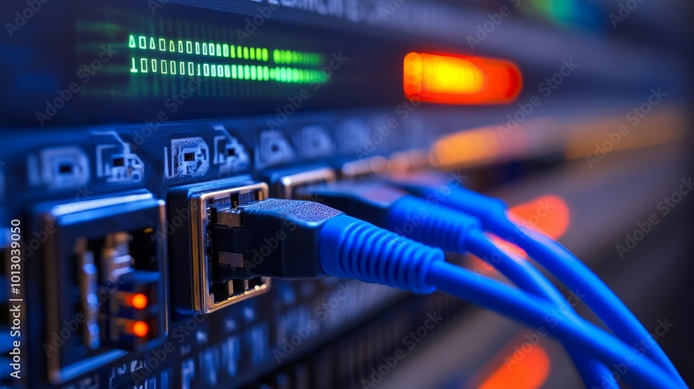 Close up of an internet cable connecting to a network switch with colorful data flow display Close up of an internet cable connecting to a network switch with colorful data flow display