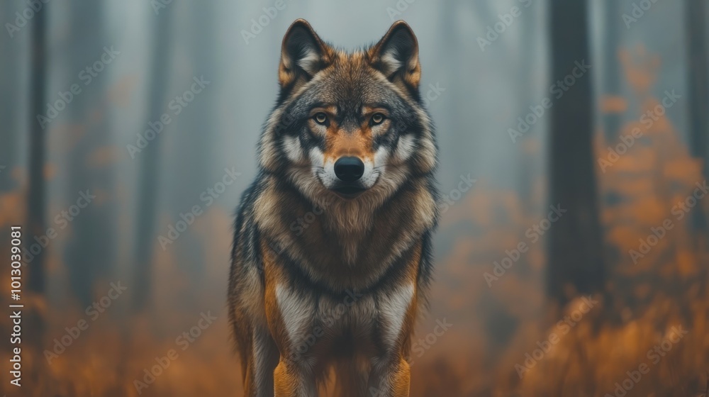 A realistic shot of a timber wolf in the wilderness, its sharp features and fur coat captured in great detail, with mist rising from the forest floor. The image leaves plenty of copy space for text A realistic shot of a timber wolf in the wilderness, its sharp features and fur coat captured in great detail, with mist rising from the forest floor. The image leaves plenty of copy space for text