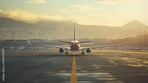 Aircraft moving along the runway, following a prominent yellow marking, with ground crew visible nearby and the runway stretching out under the afternoon sun, emphasizing the dynamic environment of an photo