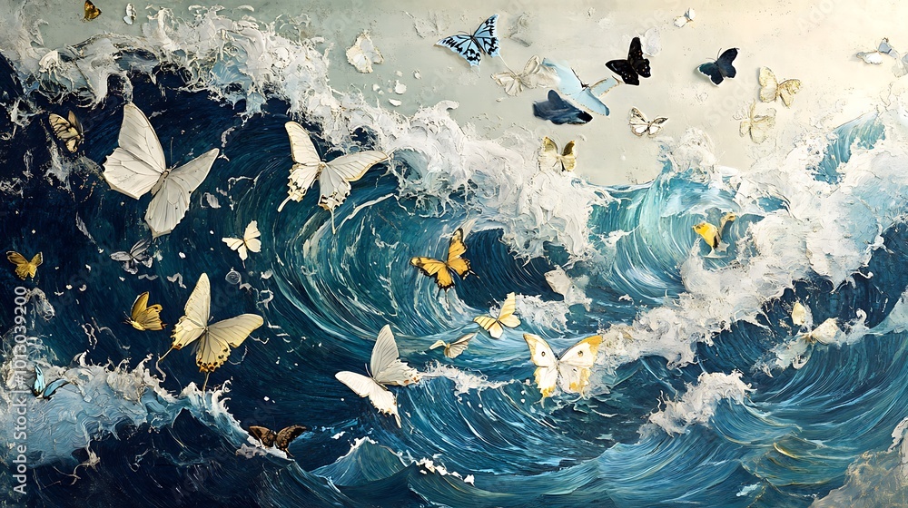 A Stormy Sea With Butterflies Flying Over a Blue Wave A Stormy Sea With Butterflies Flying Over a Blue Wave