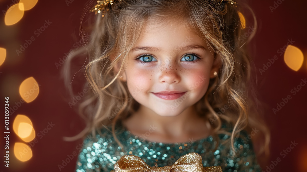 Little smiling blonde girl with curls in a festive shiny dress holds a gift box with a bow in her hands on a red background, Christmas, New Year, holiday, birthday, present, surprise, child, kid, joy Little smiling blonde girl with curls in a festive shiny dress holds a gift box with a bow in her hands on a red background, Christmas, New Year, holiday, birthday, present, surprise, child, kid, joy