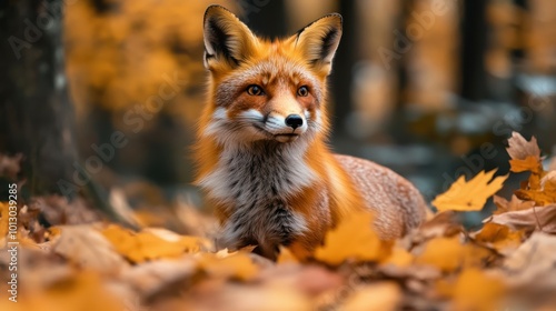 Realistic close-up of a red fox standing alert in an autumn forest, its orange fur contrasting with the vibrant fall leaves. Ample copy space surrounding the scene for additional content photo