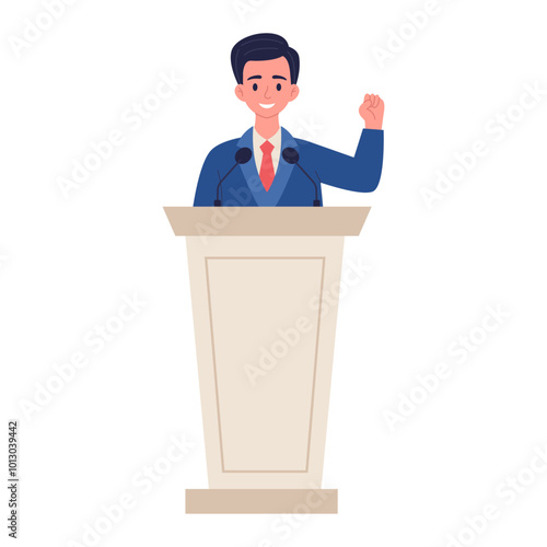 Male politician speaking at an election rally, US presidential campaign concept. Vote 2024. Vector illustration.