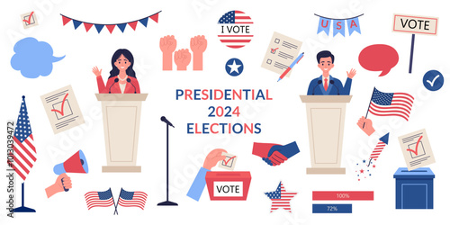 USA presidential candidates participating in political debates during an election campaign. Election USA. Vector illustration.