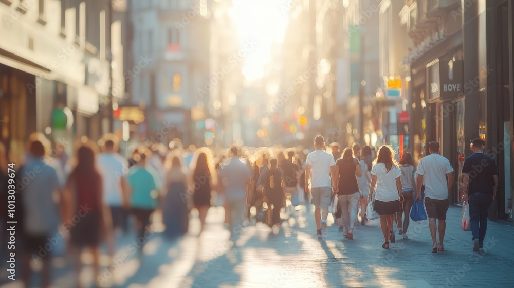 Obraz premium Dreamy out-of-focus image depicting a bustling street filled with people on a bright summer day, featuring soft light reflections and sunshine, creating a cheerful and inviting atmospher