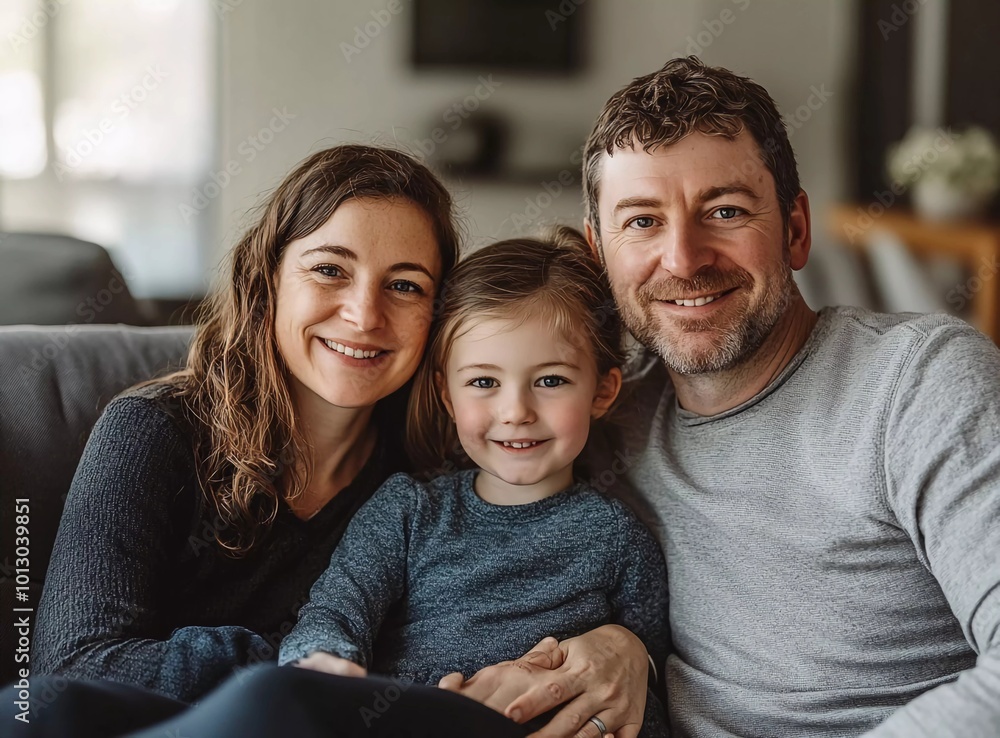 Portrait of a happy family sitting on the sofa at home. The parents and their daughter are looking at the camera with smiles on their faces Portrait of a happy family sitting on the sofa at home. The parents and their daughter are looking at the camera with smiles on their faces
