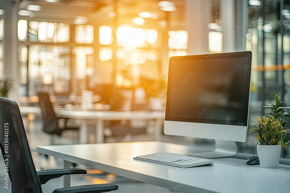 Minimalist white desk with a computer and office background, blurred business center interior in the blurred background. Mockup for design or presentation Minimalist white desk with a computer and office background, blurred business center interior in the blurred background. Mockup for design or presentation