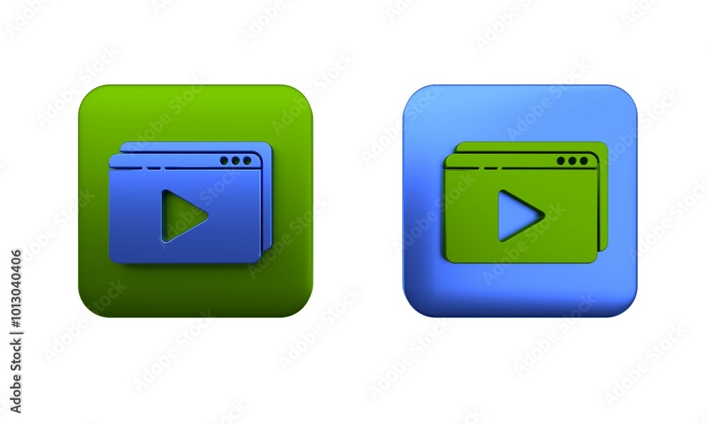 Colorful Online play video icon isolated on white background. Film strip with play sign. Square button. 3D render illustration Colorful Online play video icon isolated on white background. Film strip with play sign. Square button. 3D render illustration