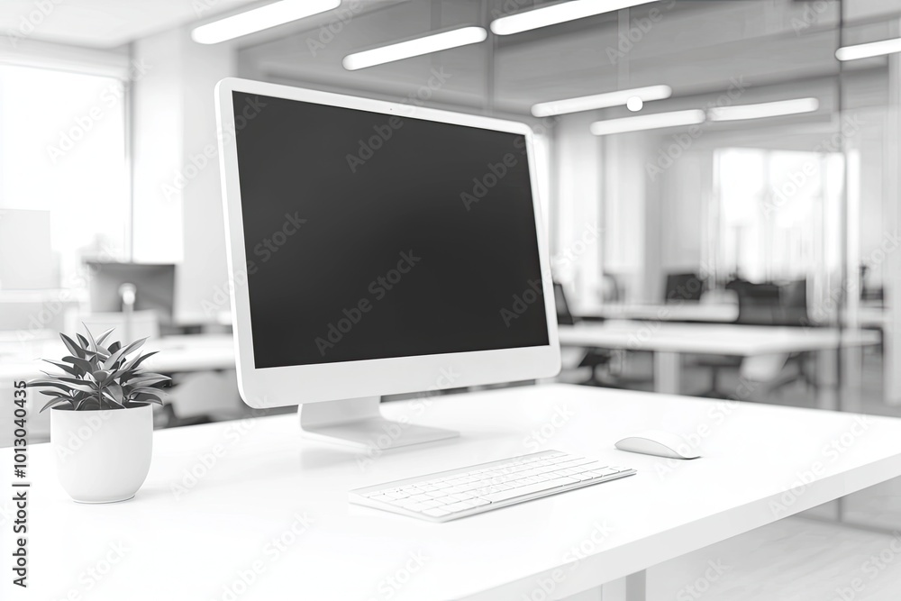 Minimalist white desk with a computer and office background, blurred business center interior in the blurred background. Mockup for design or presentation Minimalist white desk with a computer and office background, blurred business center interior in the blurred background. Mockup for design or presentation