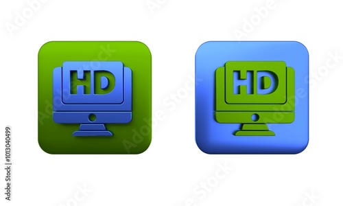 Colorful Computer PC monitor display with HD video technology icon isolated on white background. Square button. 3D render illustration