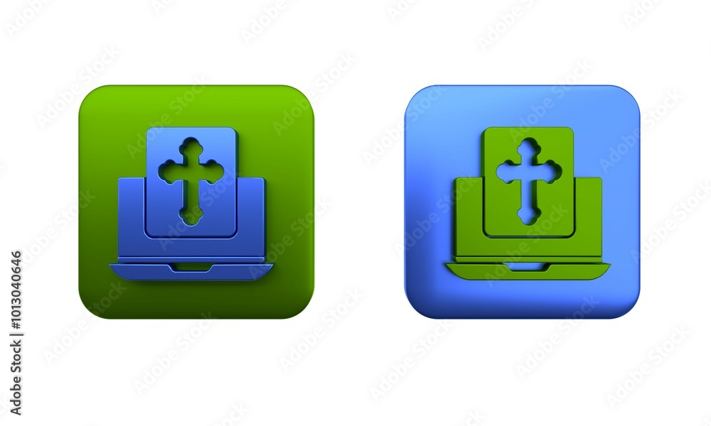Colorful Cross on the laptop screen icon isolated on white background. Square button. 3D render illustration Colorful Cross on the laptop screen icon isolated on white background. Square button. 3D render illustration