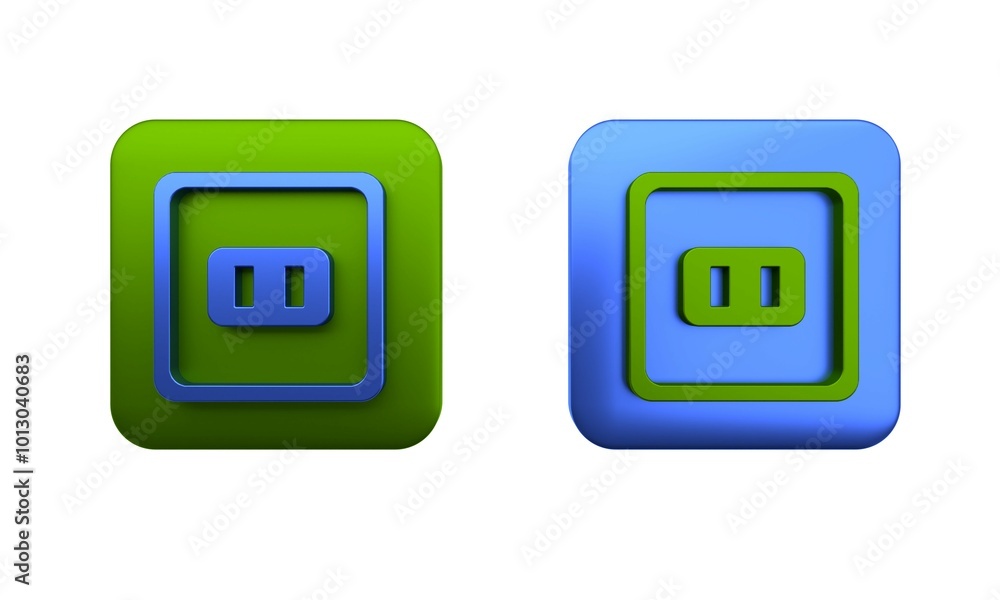 Colorful Electrical outlet icon isolated on white background. Power socket. Rosette symbol. Square button. 3D render illustration Colorful Electrical outlet icon isolated on white background. Power socket. Rosette symbol. Square button. 3D render illustration