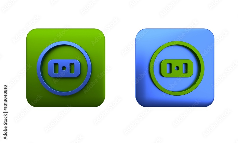 Colorful Electrical outlet icon isolated on white background. Power socket. Rosette symbol. Square button. 3D render illustration Colorful Electrical outlet icon isolated on white background. Power socket. Rosette symbol. Square button. 3D render illustration