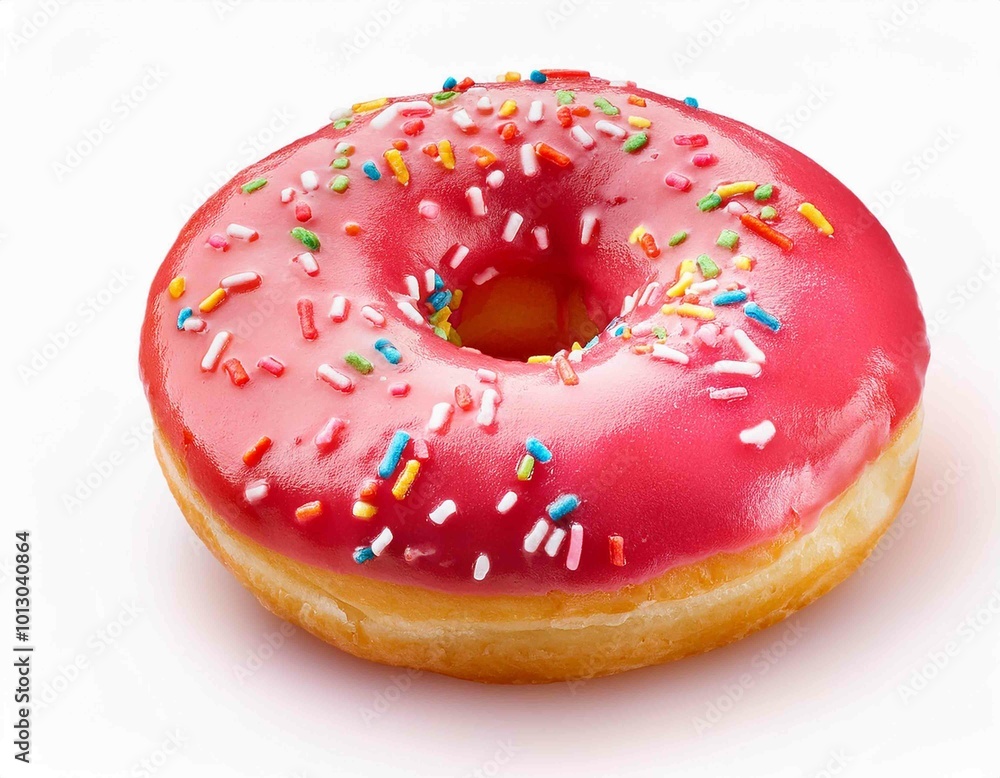 Sweet strawberry glazed donuts with sprinkles on white background Sweet strawberry glazed donuts with sprinkles on white background