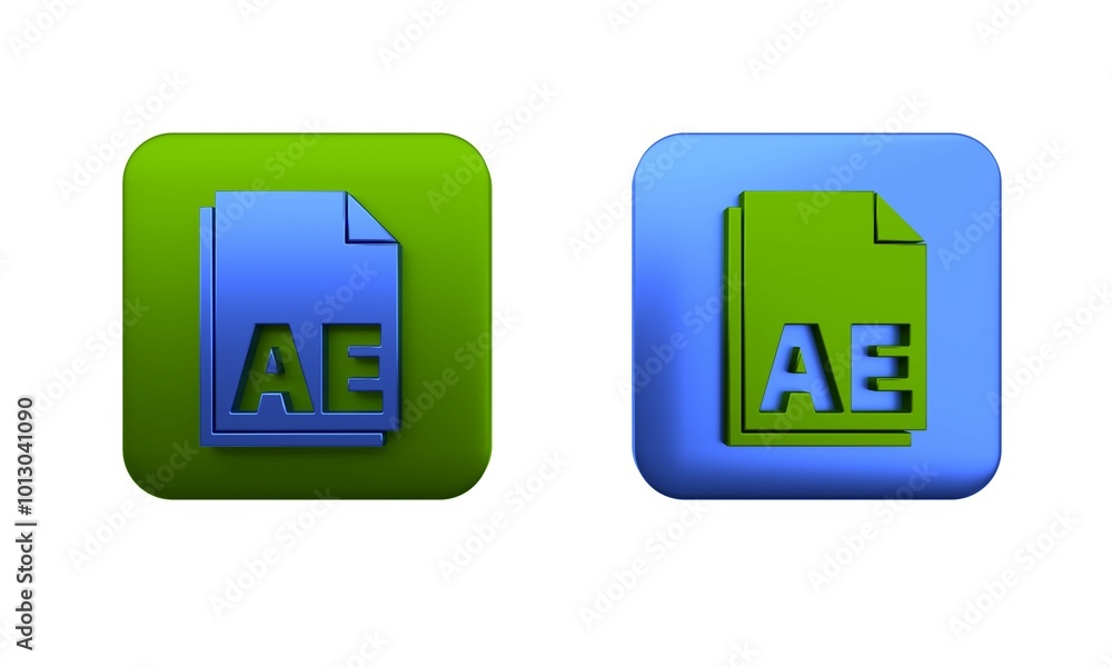 Colorful AE file document icon isolated on white background. Square button. 3D render illustration Colorful AE file document icon isolated on white background. Square button. 3D render illustration
