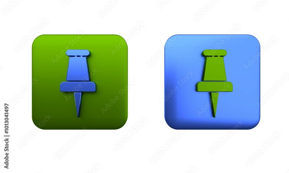 Colorful Push pin icon isolated on white background. Thumbtacks sign. Square button. 3D render illustration Colorful Push pin icon isolated on white background. Thumbtacks sign. Square button. 3D render illustration