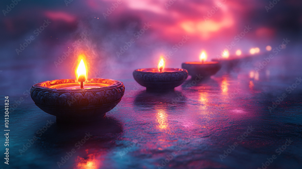 Elegant clay oil lamps arranged in a graceful line on a smooth, pastel-hued background, perfect for Diwali greeting card banners and Hindu holiday celebrations. Elegant clay oil lamps arranged in a graceful line on a smooth, pastel-hued background, perfect for Diwali greeting card banners and Hindu holiday celebrations.