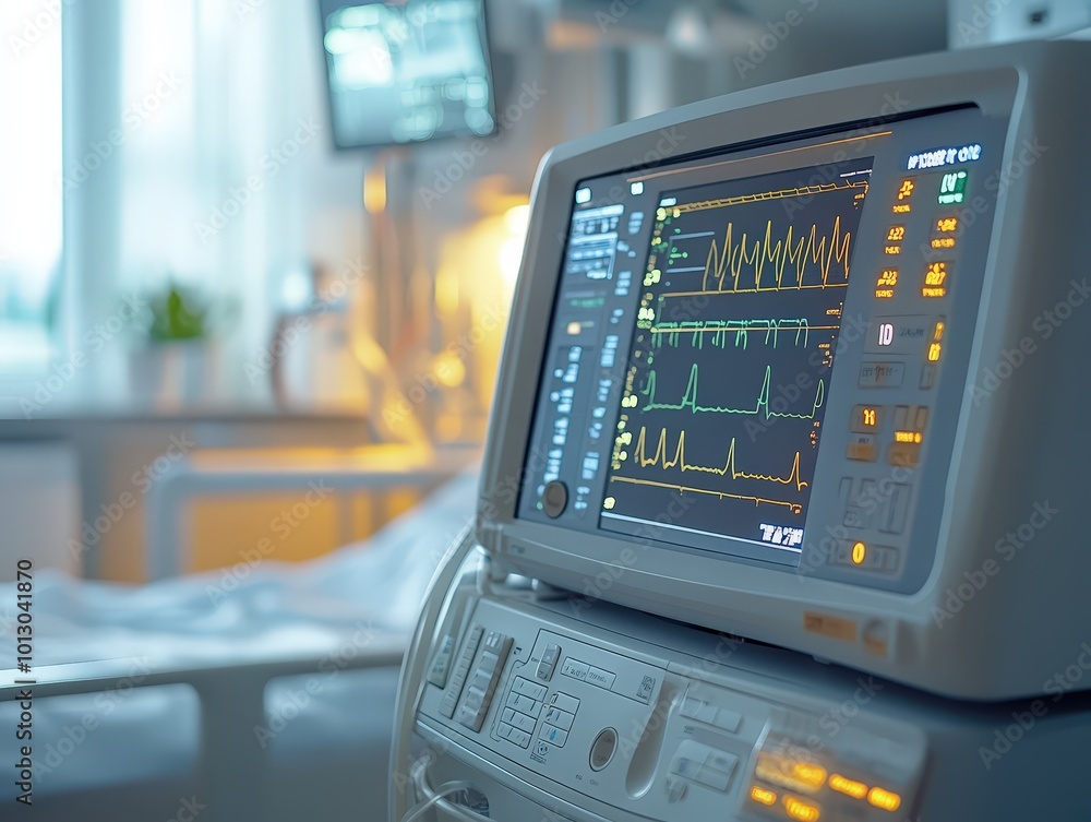 Close-up of a modern patient monitor displaying vital signs in a well-lit hospital room. Essential for medical care. Close-up of a modern patient monitor displaying vital signs in a well-lit hospital room. Essential for medical care.