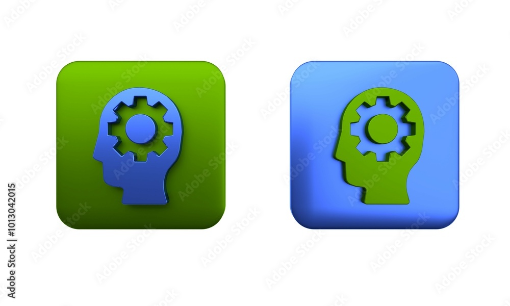 Colorful Human head with gear inside icon isolated on white background. Artificial intelligence. Thinking brain. Symbol work of brain. Square button. 3D render illustration Colorful Human head with gear inside icon isolated on white background. Artificial intelligence. Thinking brain. Symbol work of brain. Square button. 3D render illustration