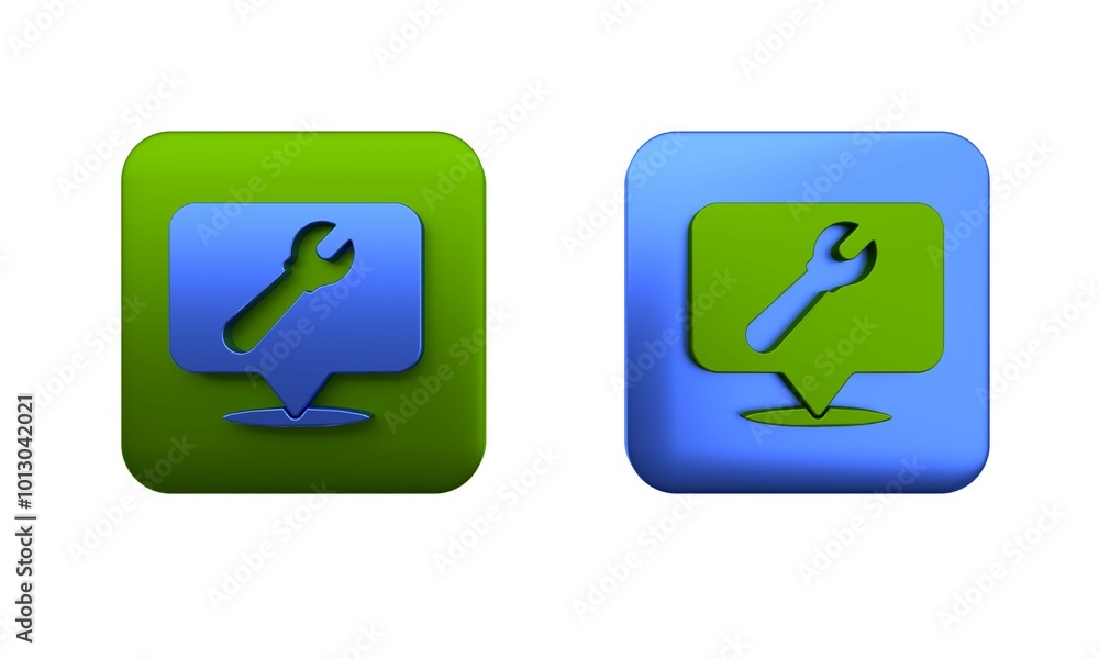 Colorful Location with wrench spanner icon isolated on white background. Adjusting, service, setting, maintenance, repair, fixing. Square button. 3D render illustration Colorful Location with wrench spanner icon isolated on white background. Adjusting, service, setting, maintenance, repair, fixing. Square button. 3D render illustration