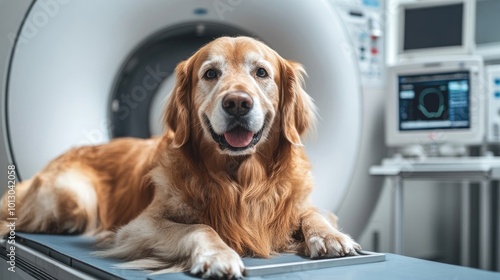 Wallpaper Mural Golden Retriever resting on a CT scan table in a veterinary clinic, an elderly dog undergoing a diagnostic procedure Torontodigital.ca