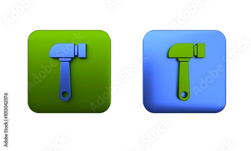 Colorful Hammer icon isolated on white background. Tool for repair. Square button. 3D render illustration