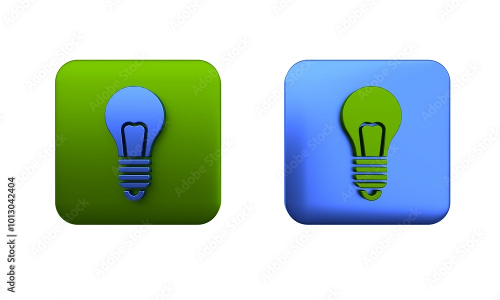 Colorful Light bulb with concept of idea icon isolated on white background. Energy and idea symbol. Inspiration concept. Square button. 3D render illustration Colorful Light bulb with concept of idea icon isolated on white background. Energy and idea symbol. Inspiration concept. Square button. 3D render illustration