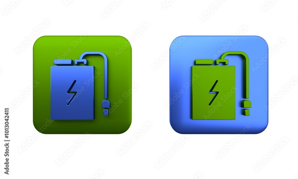 Colorful Power bank with different charge cable icon isolated on white background. Portable charging device. Square button. 3D render illustration Colorful Power bank with different charge cable icon isolated on white background. Portable charging device. Square button. 3D render illustration