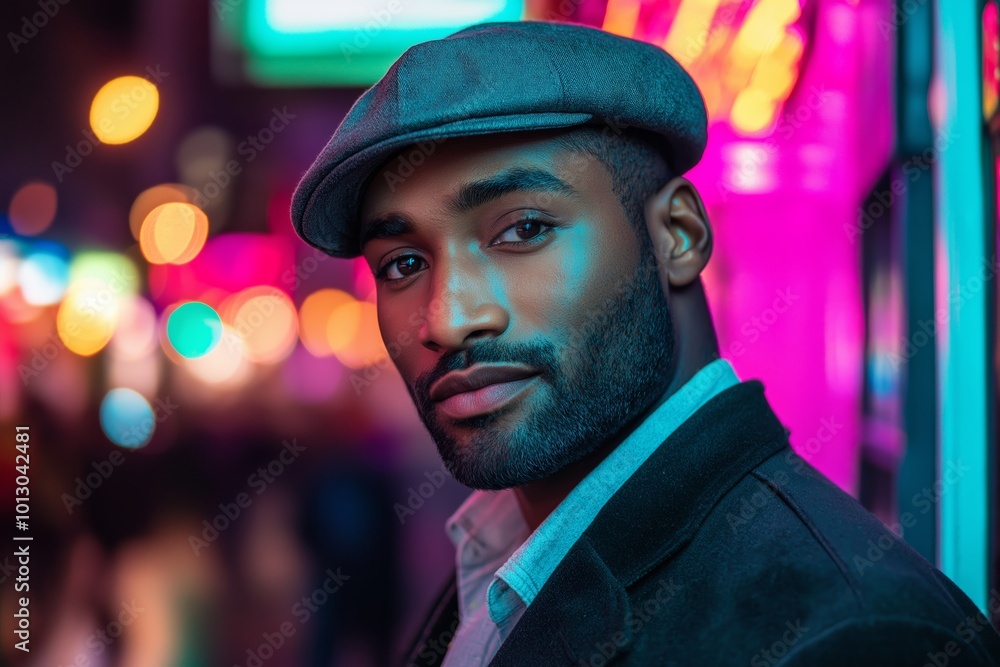 Man wearing a hat and a jacket. He has a beard and a mustache. African American man with short hair and facial stubble, wearing flat cap. He is looking at the camera against a vibrant neon background Man wearing a hat and a jacket. He has a beard and a mustache. African American man with short hair and facial stubble, wearing flat cap. He is looking at the camera against a vibrant neon background