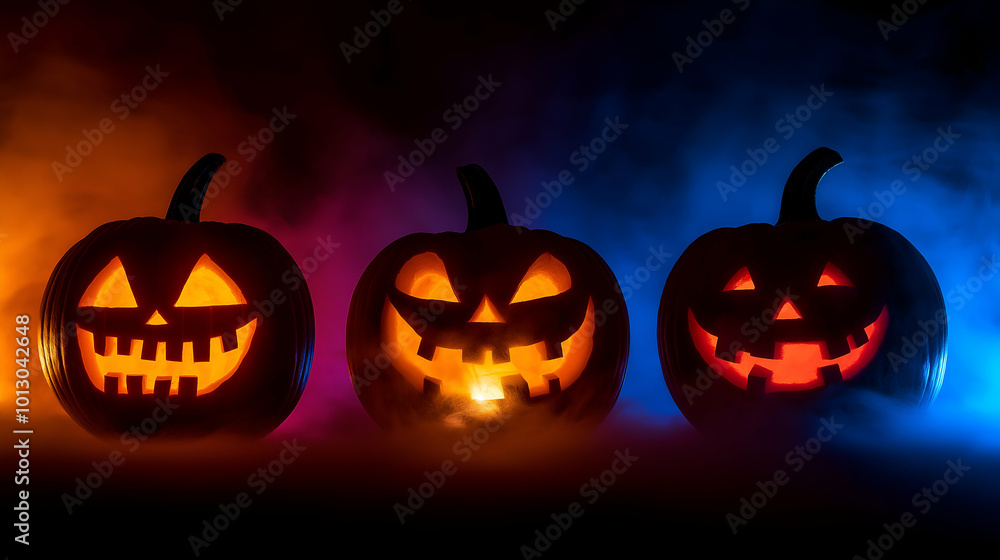 three glowing Halloween lantern pumpkins with eerie colorful lighting in the background
three glowing Halloween lantern pumpkins with eerie colorful lighting in the background