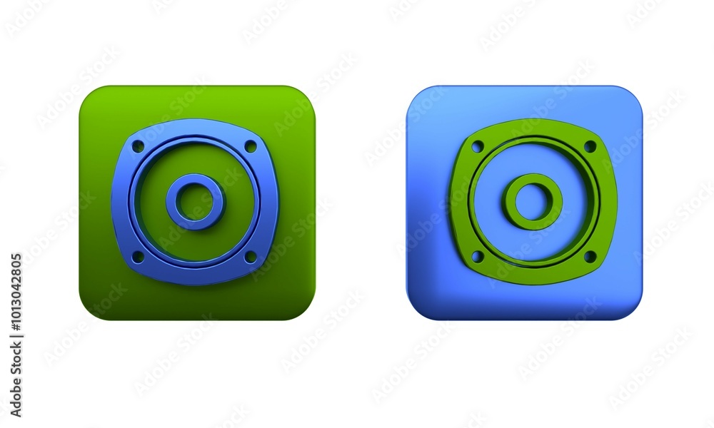Colorful Stereo speaker icon isolated on white background. Sound system speakers. Music icon. Musical column speaker bass equipment. Square button. 3D render illustration Colorful Stereo speaker icon isolated on white background. Sound system speakers. Music icon. Musical column speaker bass equipment. Square button. 3D render illustration