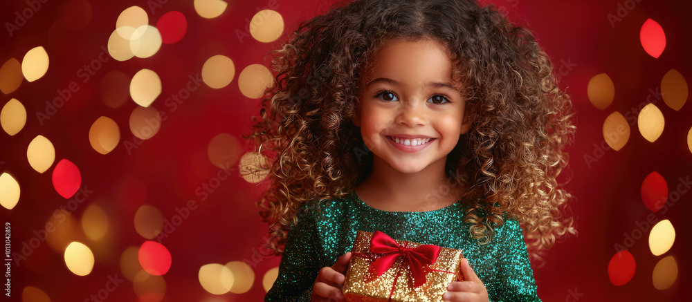 Little smiling African American girl with curls in a festive green shiny dress holds a gift box with a bow on a red background, christmas, new year, holiday, birthday, present, surprise, child, kid Little smiling African American girl with curls in a festive green shiny dress holds a gift box with a bow on a red background, christmas, new year, holiday, birthday, present, surprise, child, kid