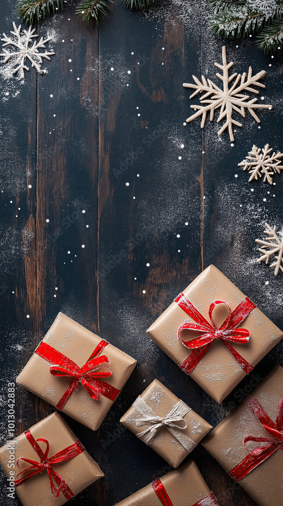 Obraz premium Background with snowflakes and presents, leaving space for text. A rustic wooden table featuring gift boxes wrapped in red ribbons with snowflakes scattered around, bringing a festive holiday vibe.