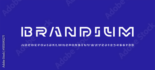 Futuristic font digital alphabet, hi-tech technology style letters A, B, C, D, E, F, G, H, I, J, K, L, M, N, O, P, Q, R, S, T, U, V, W, X, Y, Z and numerals 0, 1, 2, 3, 4, 5, 6, 7, 8, 9