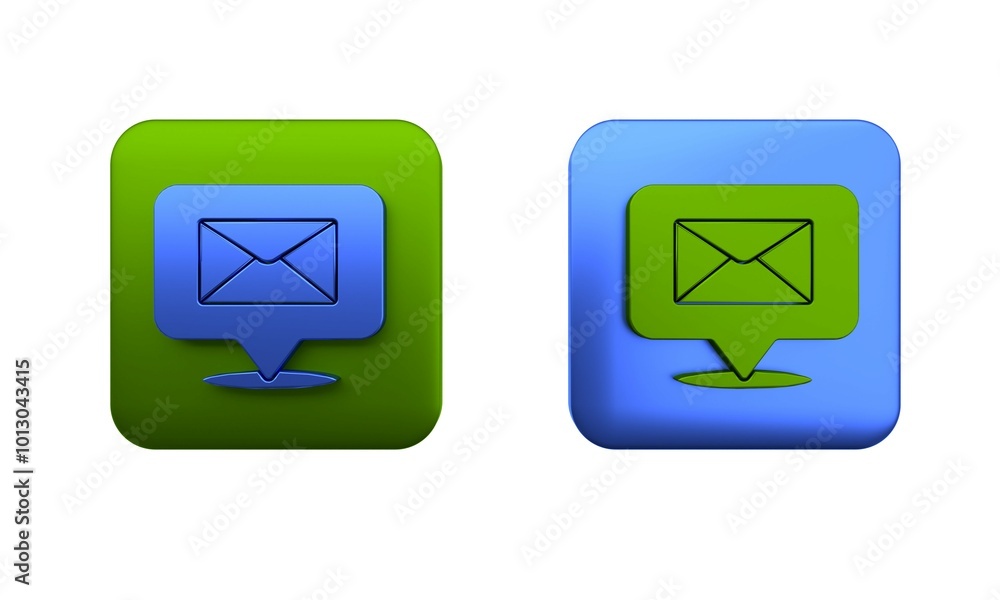 Colorful Speech bubble with envelope icon isolated on white background. Square button. 3D render illustration Colorful Speech bubble with envelope icon isolated on white background. Square button. 3D render illustration