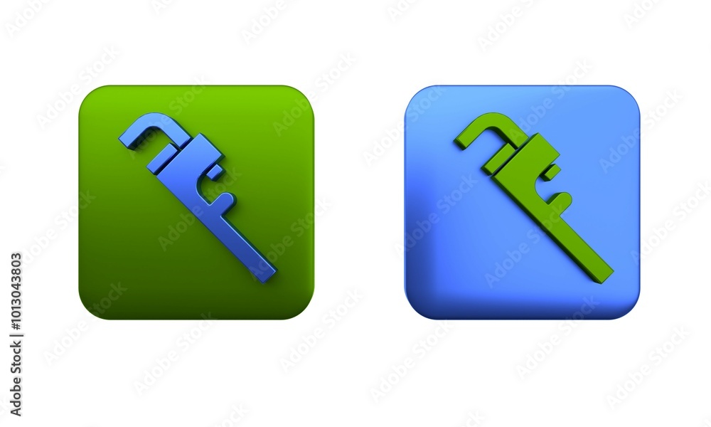 Colorful Pipe adjustable wrench icon isolated on white background. Square button. 3D render illustration Colorful Pipe adjustable wrench icon isolated on white background. Square button. 3D render illustration
