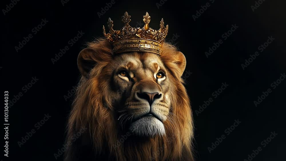 Regal lion with golden crown against dark background Regal lion with golden crown against dark background