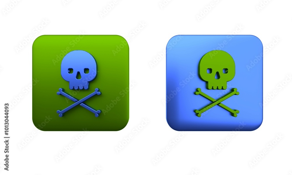 Colorful Skull on crossbones icon isolated on white background. Square button. 3D render illustration Colorful Skull on crossbones icon isolated on white background. Square button. 3D render illustration