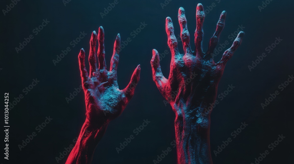 Zombie hands rising in dark Halloween night.