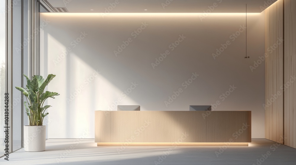 Light wood front desk in a bright waiting room, LED lighting overhead, minimalist decor, clear windows, simple modern aesthetic Light wood front desk in a bright waiting room, LED lighting overhead, minimalist decor, clear windows, simple modern aesthetic