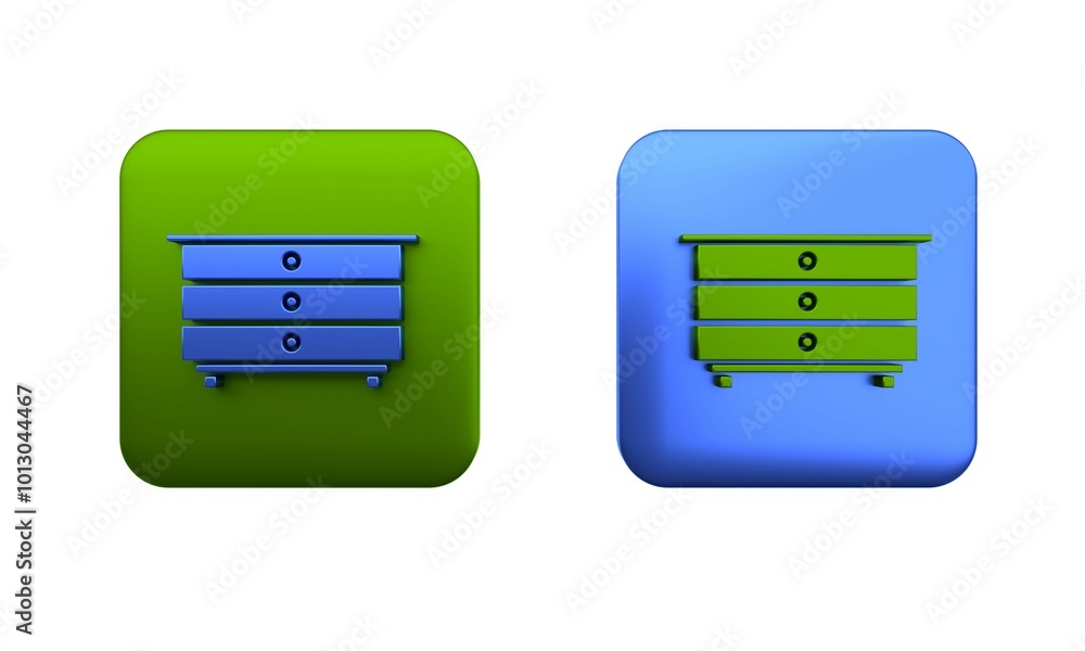 Colorful Chest of drawers icon isolated on white background. Square button. 3D render illustration Colorful Chest of drawers icon isolated on white background. Square button. 3D render illustration