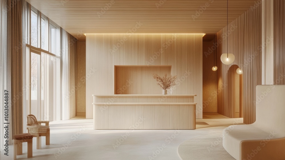 Minimalist waiting room with light wood front desk, light-colored walls, LED lighting, clear windows, simple modern style Minimalist waiting room with light wood front desk, light-colored walls, LED lighting, clear windows, simple modern style