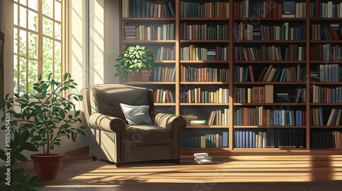 Generative AI illustration of modern library with cozy armchair and book shelves with books arranged in room with potted plant 