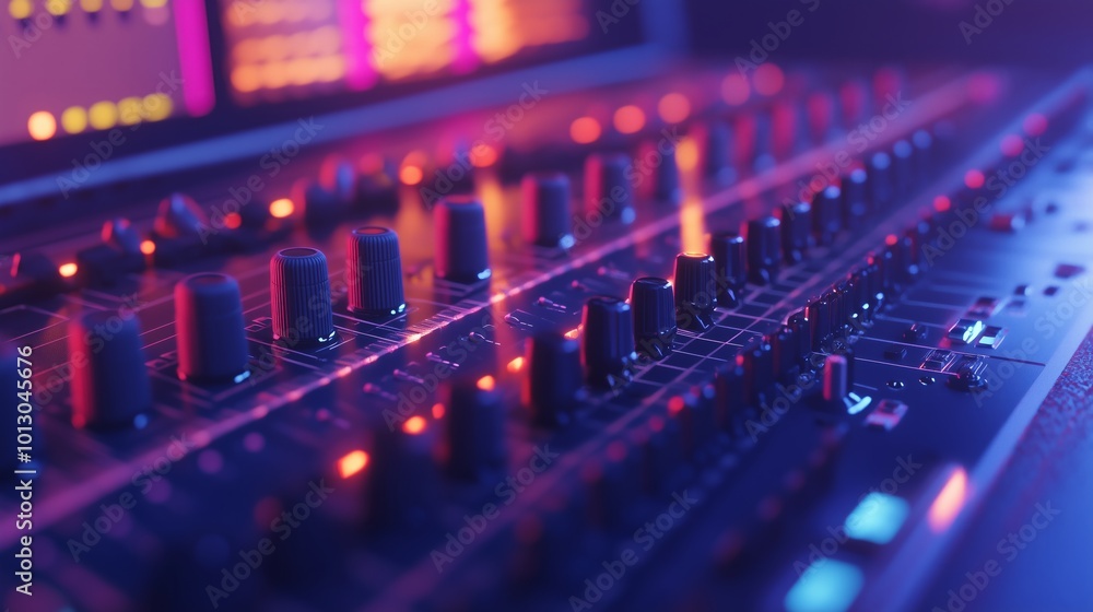 Empty professional studio used in music industry for producing tracks, mixing console and technical equipment in control room. Electronic panel board with sliders and buttons, daw software.
Empty professional studio used in music industry for producing tracks, mixing console and technical equipment in control room. Electronic panel board with sliders and buttons, daw software.