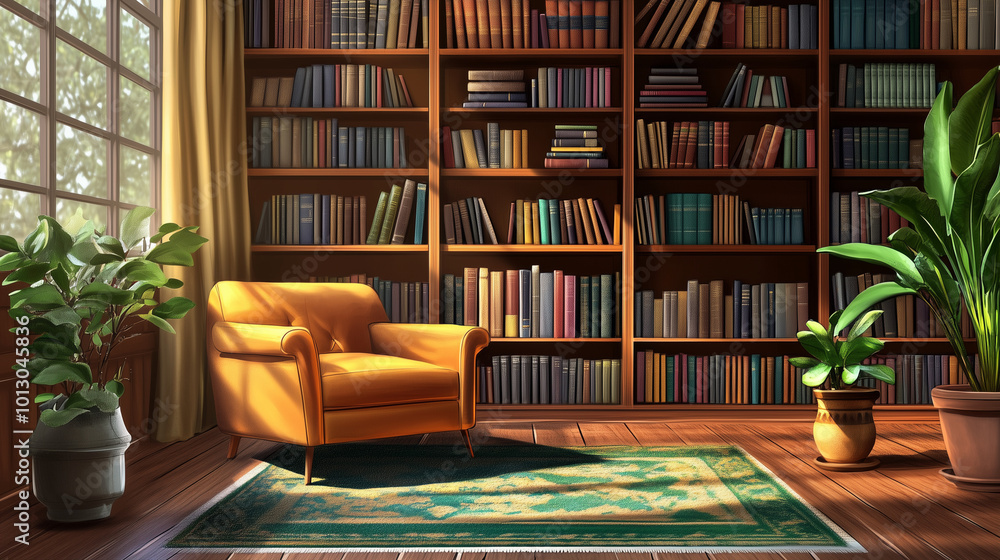 Generative AI illustration of modern library with cozy armchair and book shelves with books arranged in room with potted plant
Generative AI illustration of modern library with cozy armchair and book shelves with books arranged in room with potted plant