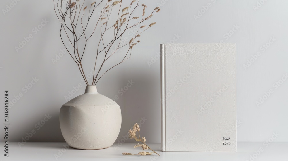 White Book with Dried Flowers and Vase White Book with Dried Flowers and Vase