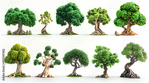 tree  objects collection, in cartoon style minimal 